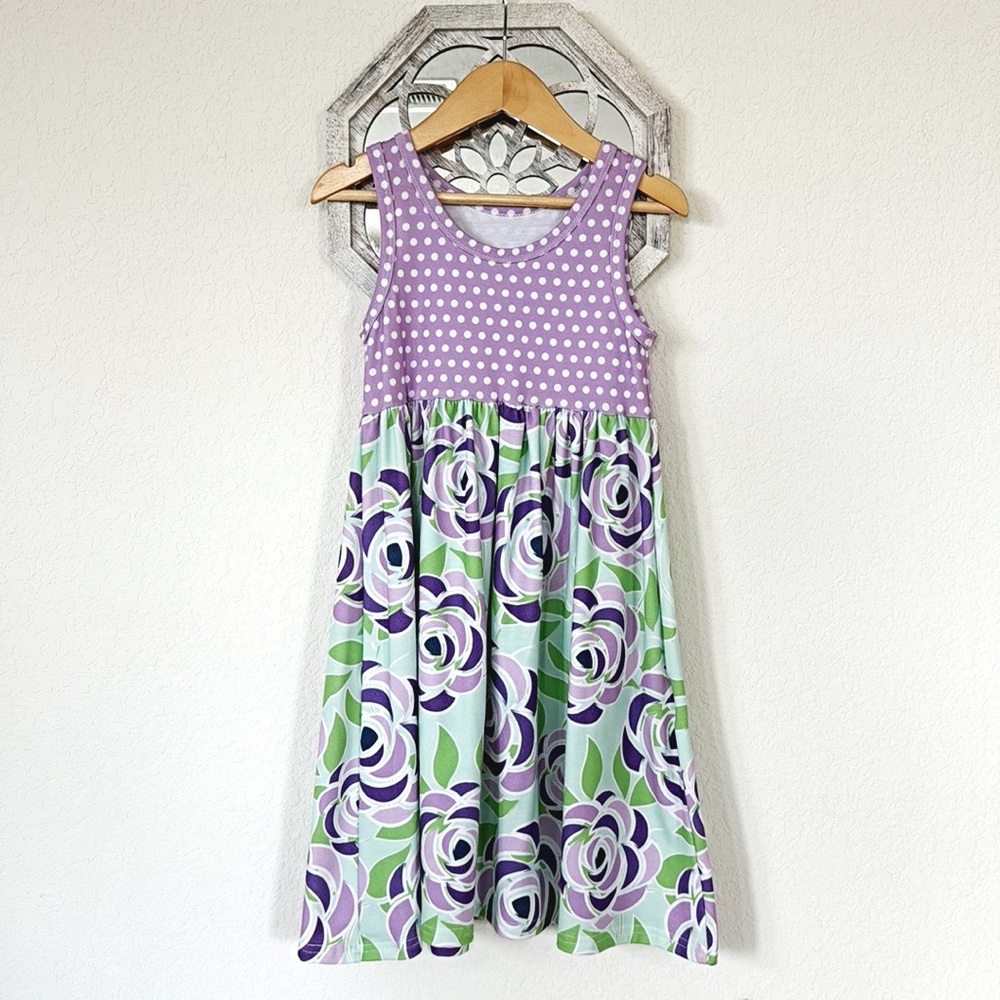 Lolly Wolly Doodle • Girls Purple Floral Polka Dot Sleeveless Dress